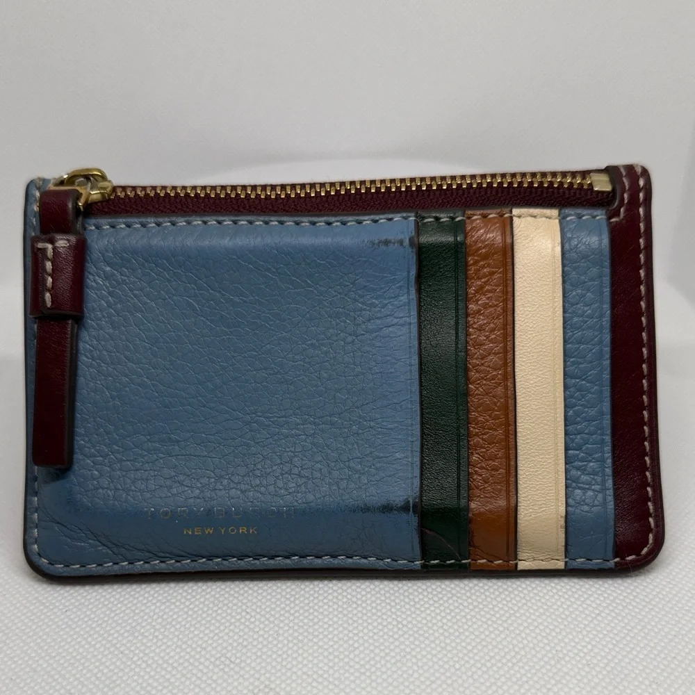 TORY Burch Perry Color Block Top-Zip Card Case Pebbled Leather.